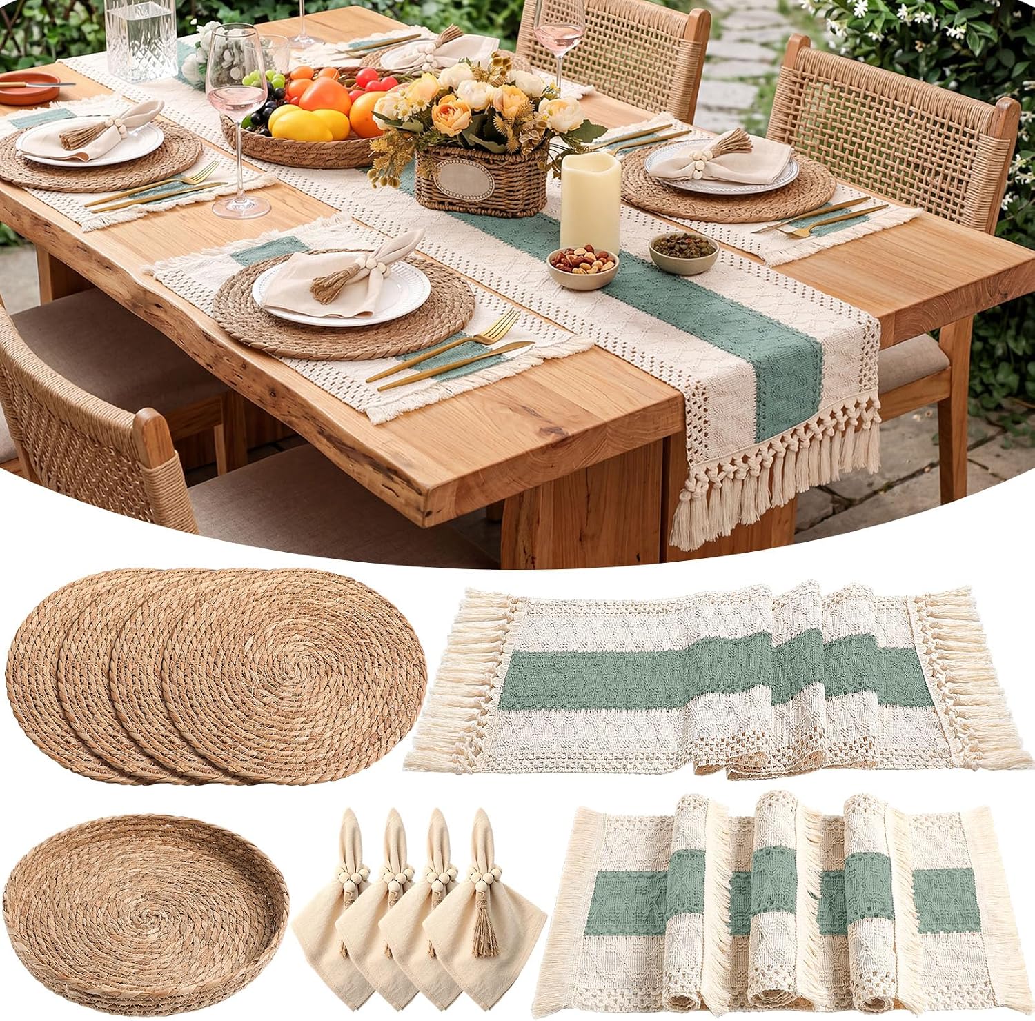 4 Sets Dining Table Decoration Boho Placemat, Green, 12x72