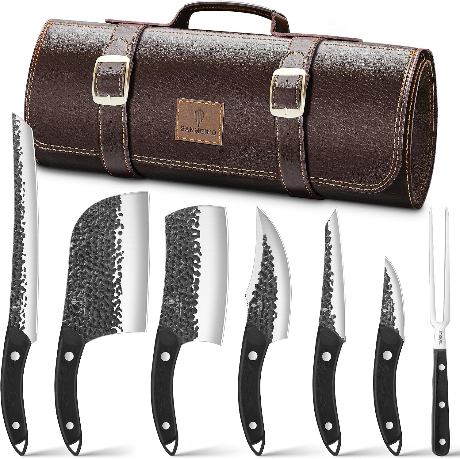 80,00€ Coupon! 8-Teilig Metzgermesser Set, Profi Fleischmesser Set mit Lederrolltasche