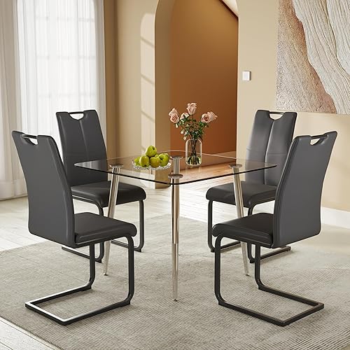 Miniatura 9 de Juego de mesa de comedor cuadrada de vidrio de 36 pulgadas con 4 sillas tapizadas de piel sintética con respaldo alto, diseño moderno de patas