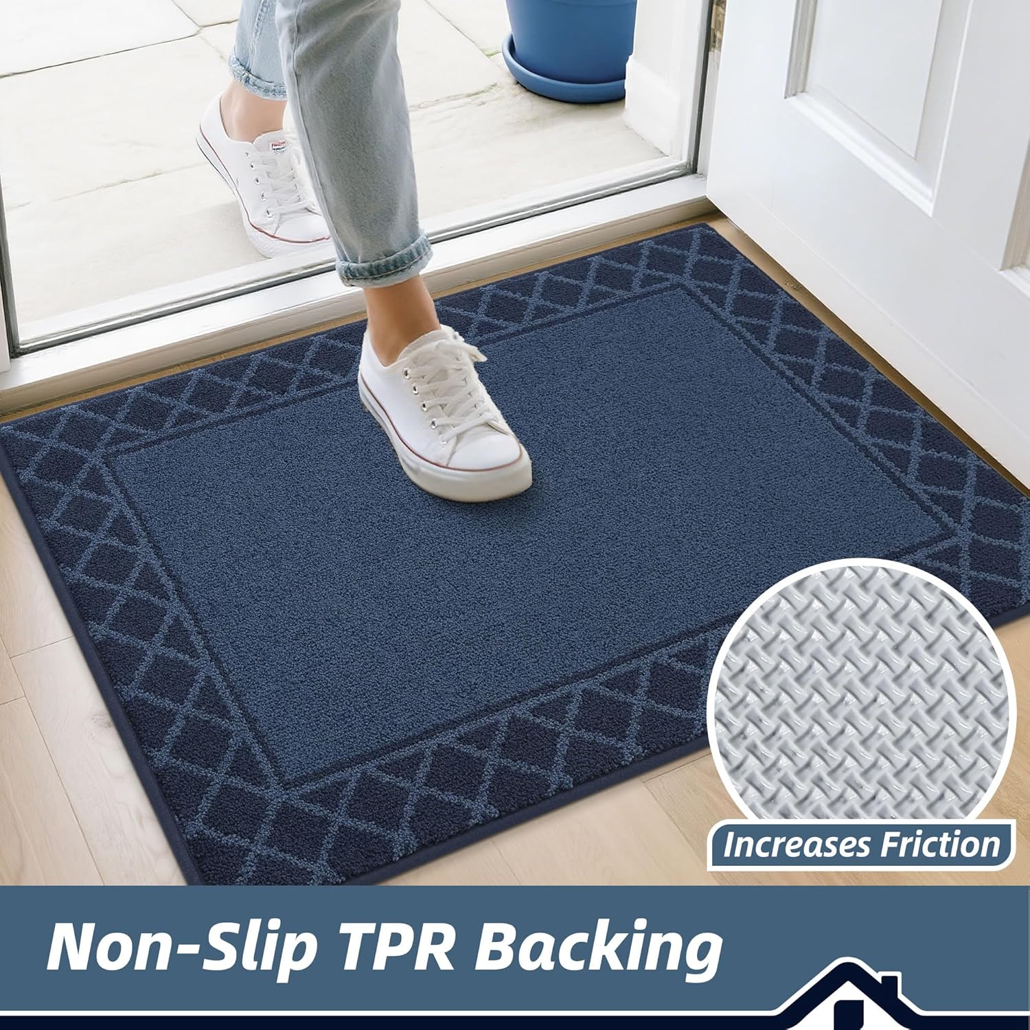 BEQHAUSE Door Mat Dirt Trapper Non Slip Entryway Rugs Absorbent Welcome Mat Low Profile Washable Front Door Mat for Muddy Paws,Entrance,Hallway, 20" x 32", Navy Blue