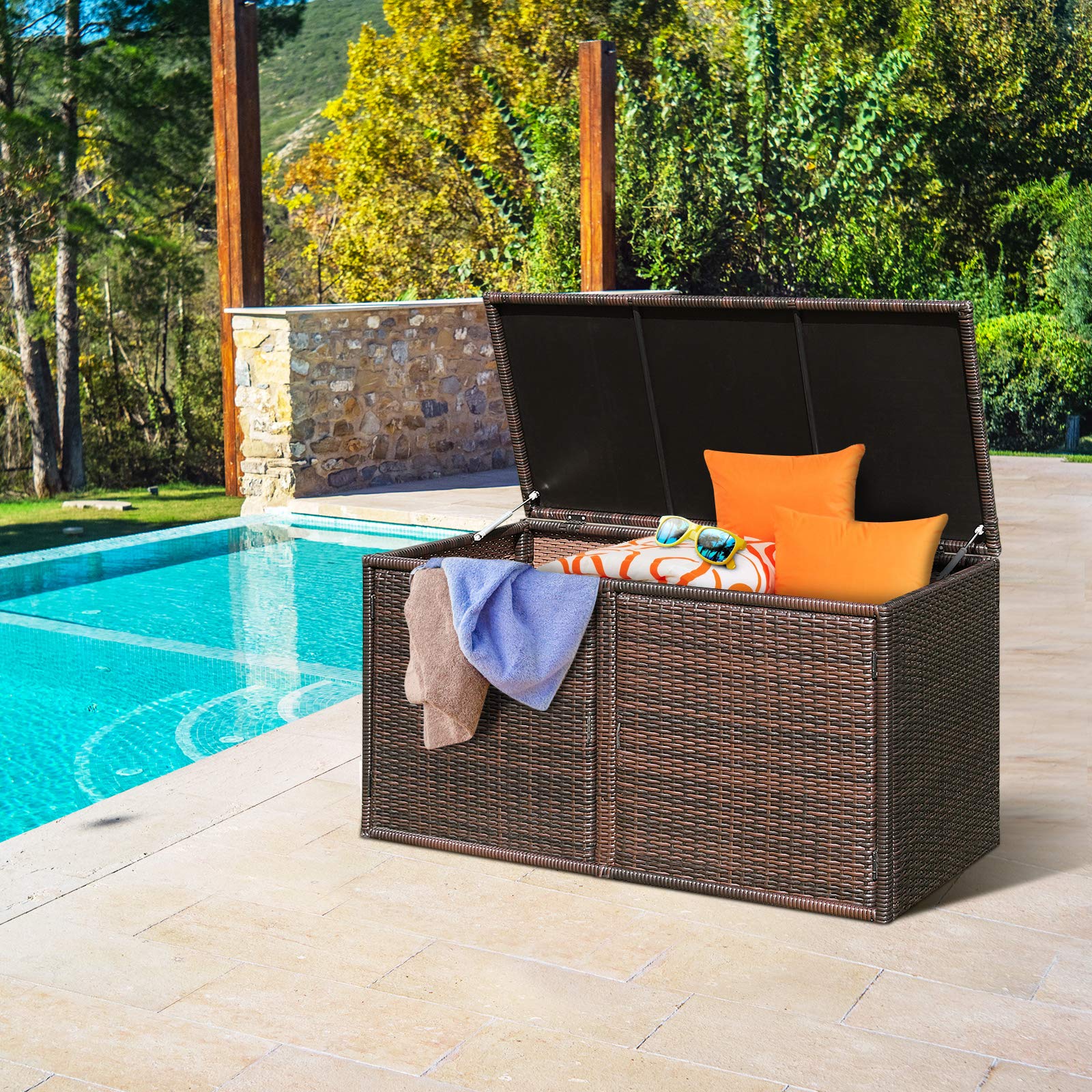 COSTWAY Coffre de Rangement Extérieure en Rotin 335L, Boîte de Rangement avec Couvercle 2 Portes 2 étagères Cadre en Acier, pour Ranger des Outils Jouet Accessoires 115x60x65CM (Marron)