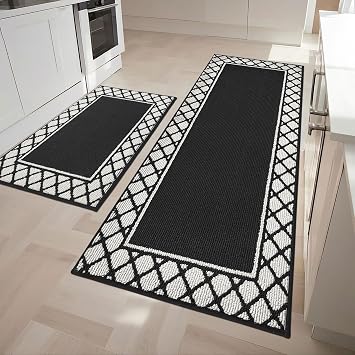 COSY HOMEER Washable Kitchen Rugs Sets of 2 Non-Slip Kitchen Mats,Black