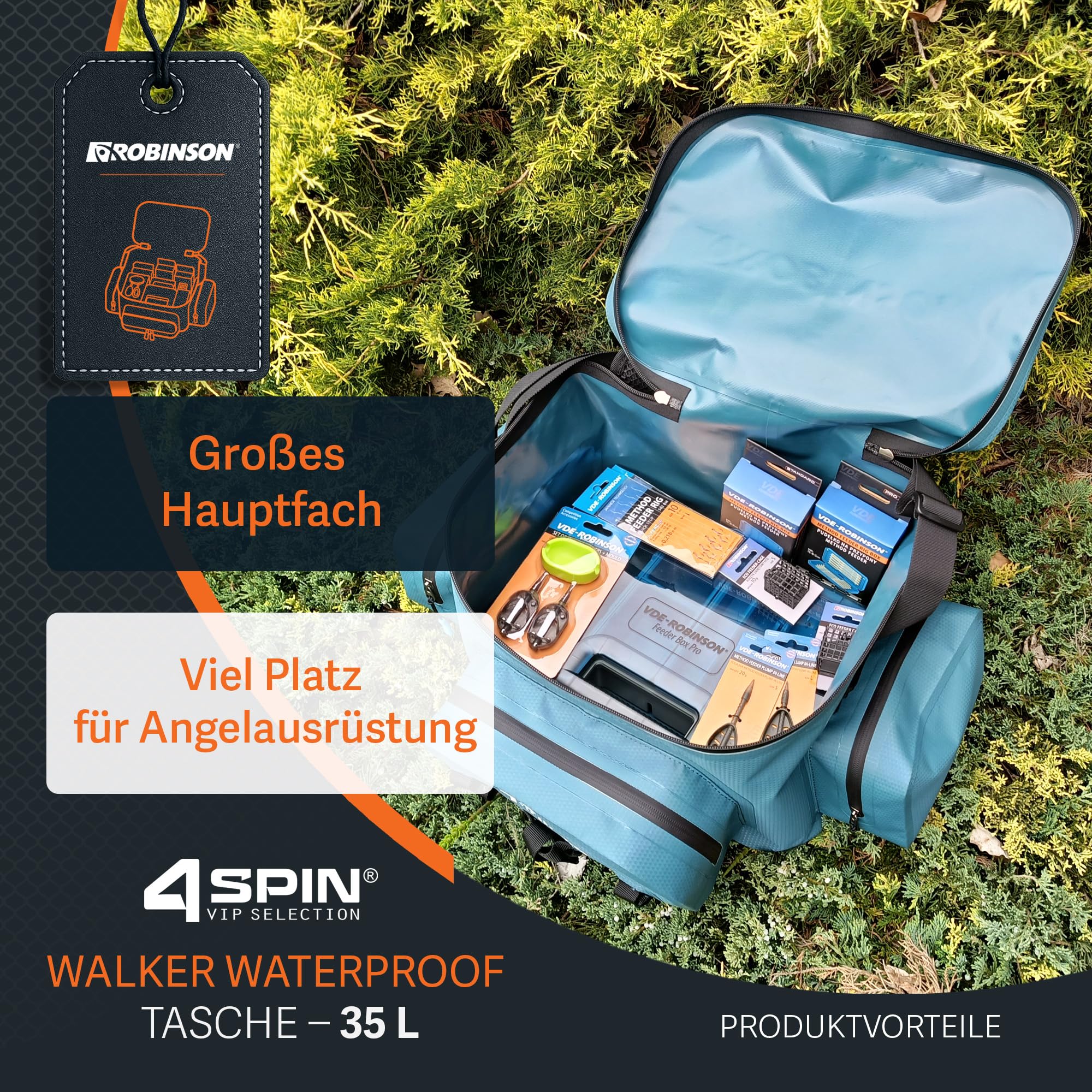 Robinson wasserdichte Angeltasche - Leichter Angelrucksack mit Rutenhalter, 100% versiegelt, viele Befestigungspunkte, robust, ideal zum Spinnfischen & Watangeln - Walker 4Spin