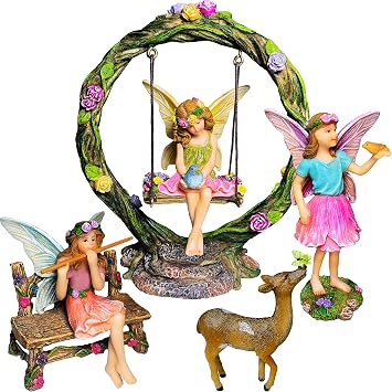 Mood Lab Fairy Garden Figurines with Swing - Miniature Decor Set 6 pcs - Statues & Accessories - Outdoor & Indoor Garden Decor