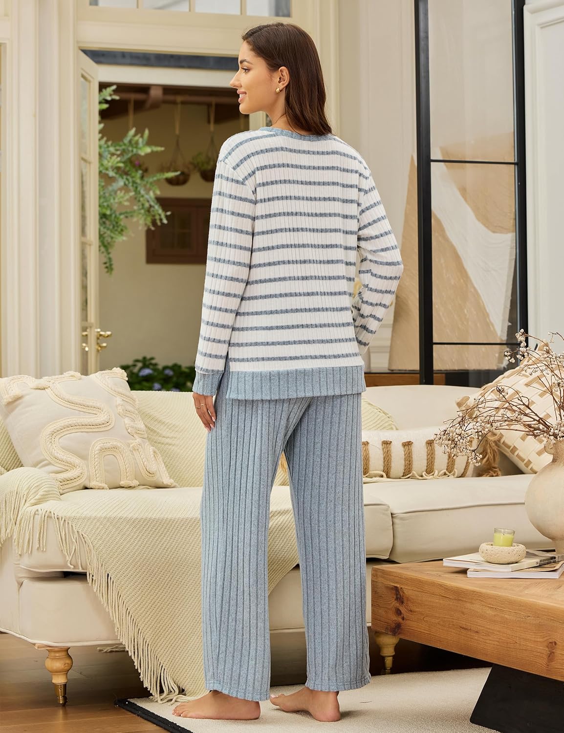 Blooming Jelly Womens Pajamas 2 Piece Satin Matching Lounge Sets Cute Long Sleeve Striped Pants Pjs with Pocket - Image 4