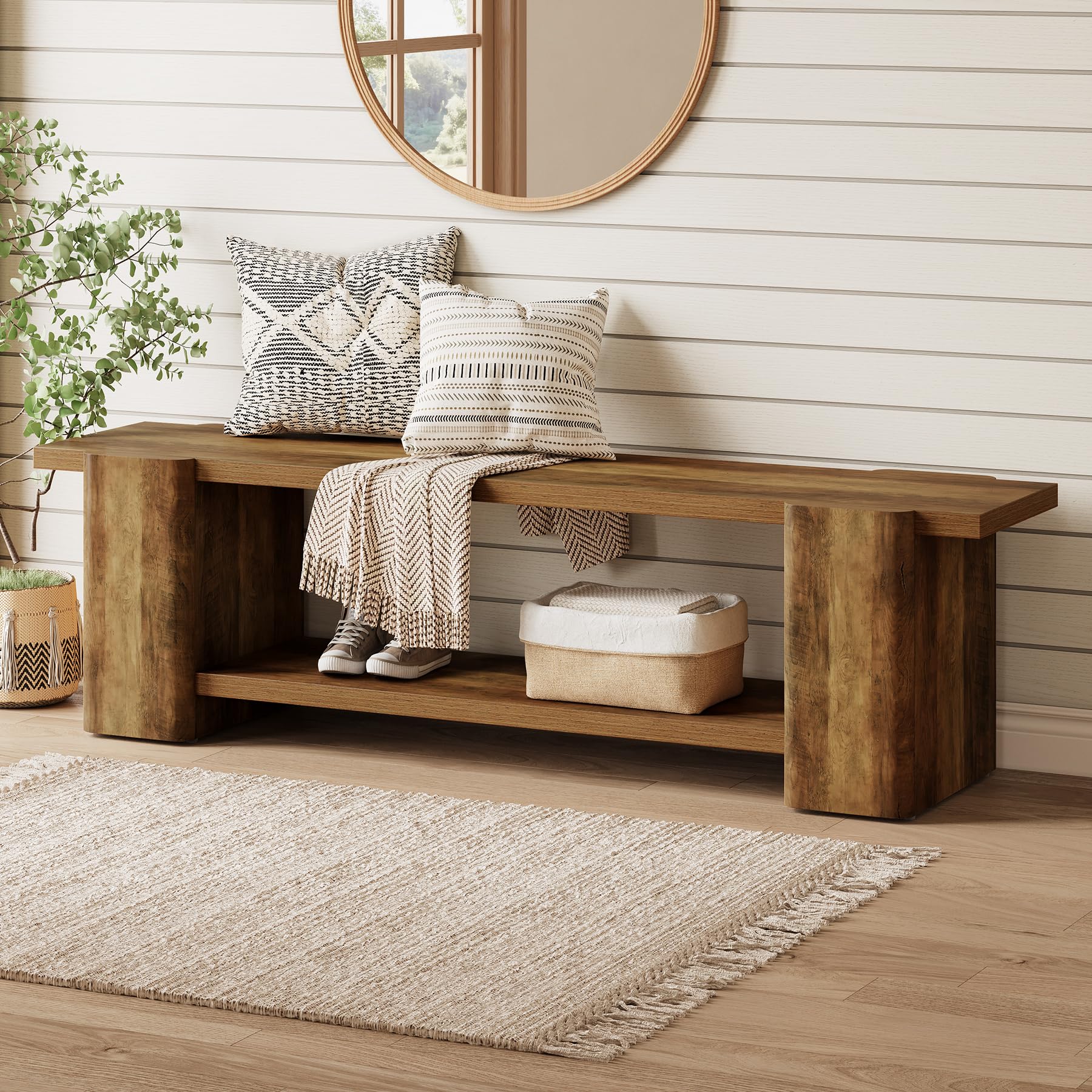 Tribesigns 160 cm Entryway Bench, Wooden Shoe Bench with Storage Shelf