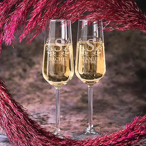 Miniatura 4 de Juego de 2, copas de champán para novia y novio, copas de champán de boda personalizadas con nombres, fecha de boda con hojas y corazón, flautas de