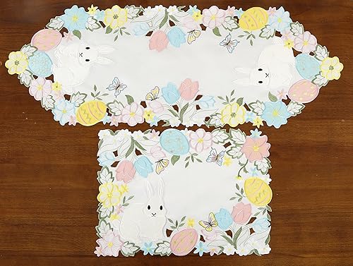 Miniatura 5 de Camino de mesa de Pascua con diseño de conejitos de primavera, huevos, flores, bordado, floral y conejos, huevos, tocador, bufanda, decoración de