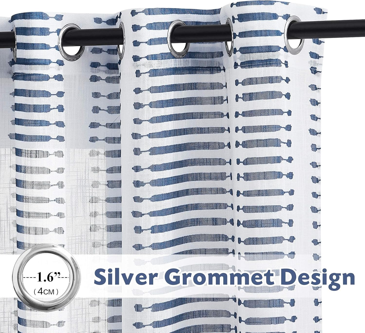 PONY DANCE Curtains 95 inch Long - Window Semi Sheers Faux Linen Textured Curtains Voile Light Filter with Slub Pattern Croix Striped Decor Match with Drapes, 50''W x 95''L in, Navy Blue, Set of 2