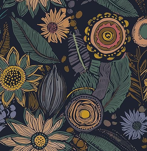 Miniatura 21 de Papel tapiz bohemio para despegar y pegar, 17.5 x 118 pulgadas, papel de pared botánico floral oscuro de vinilo, impermeable, autoadhesivo, papel de