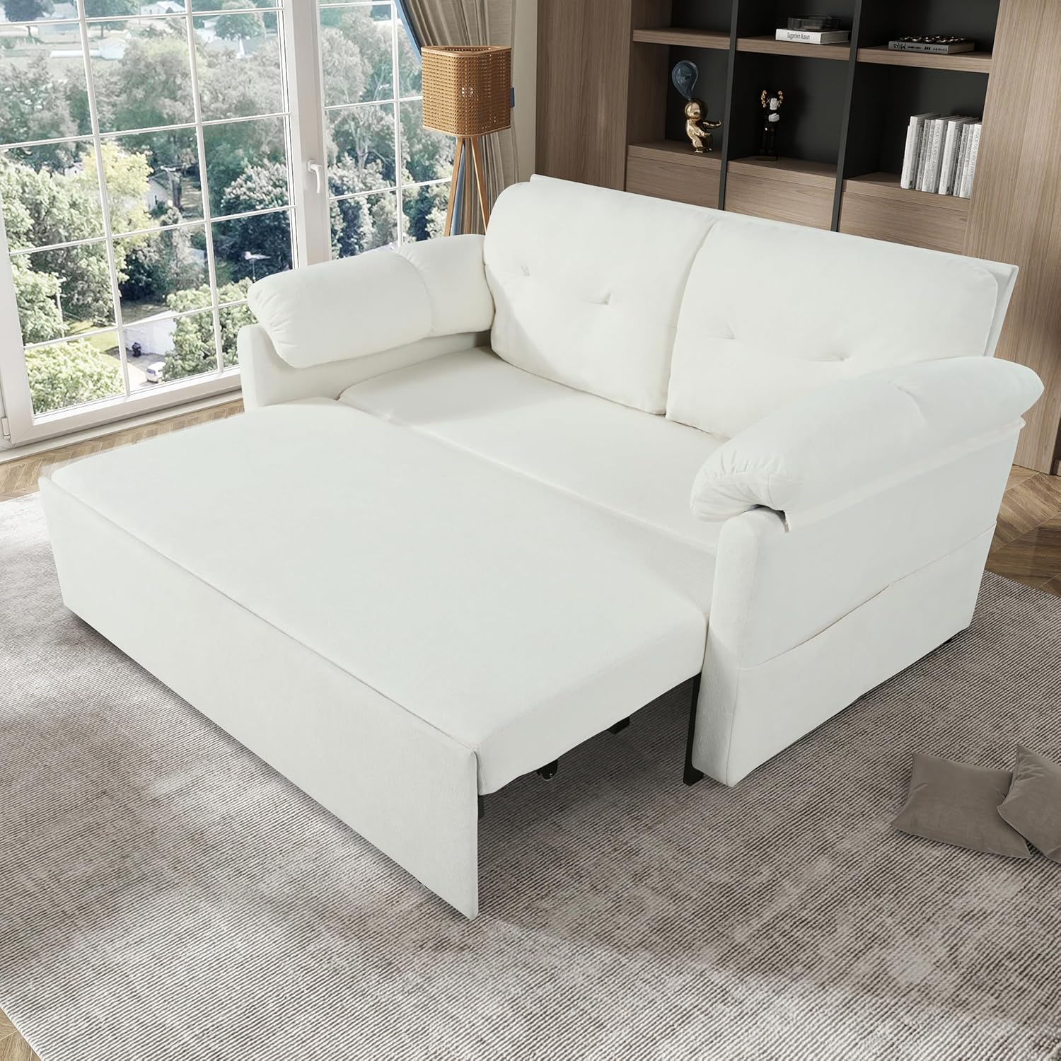 Convertible Pull-Out Sofa Bed Queen Size with Chenille Upholstery, 3-in-1 Sleeper Couch, Side Storage, Multi-Functional Loveseat Sofa for Beige, 71.65W x 37.01D x 38.19H in