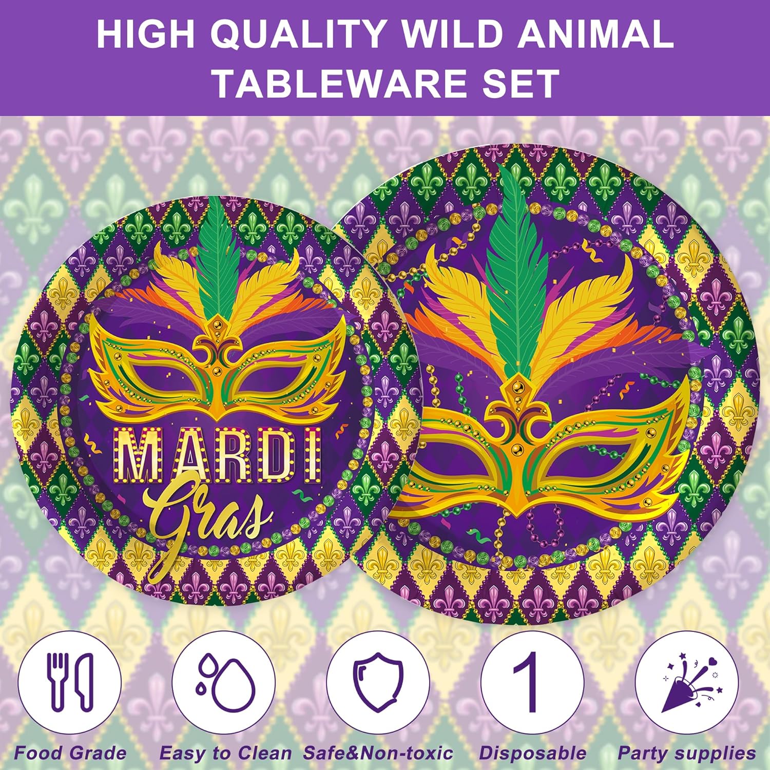 122PCS Mardi Gras Party Supplies Masquerade Mask Party Decorations New Orleans Carnival Plates Napkin Cups Tablecloth Banner Forks Knives Disposable Tableware Set for 20 Guests