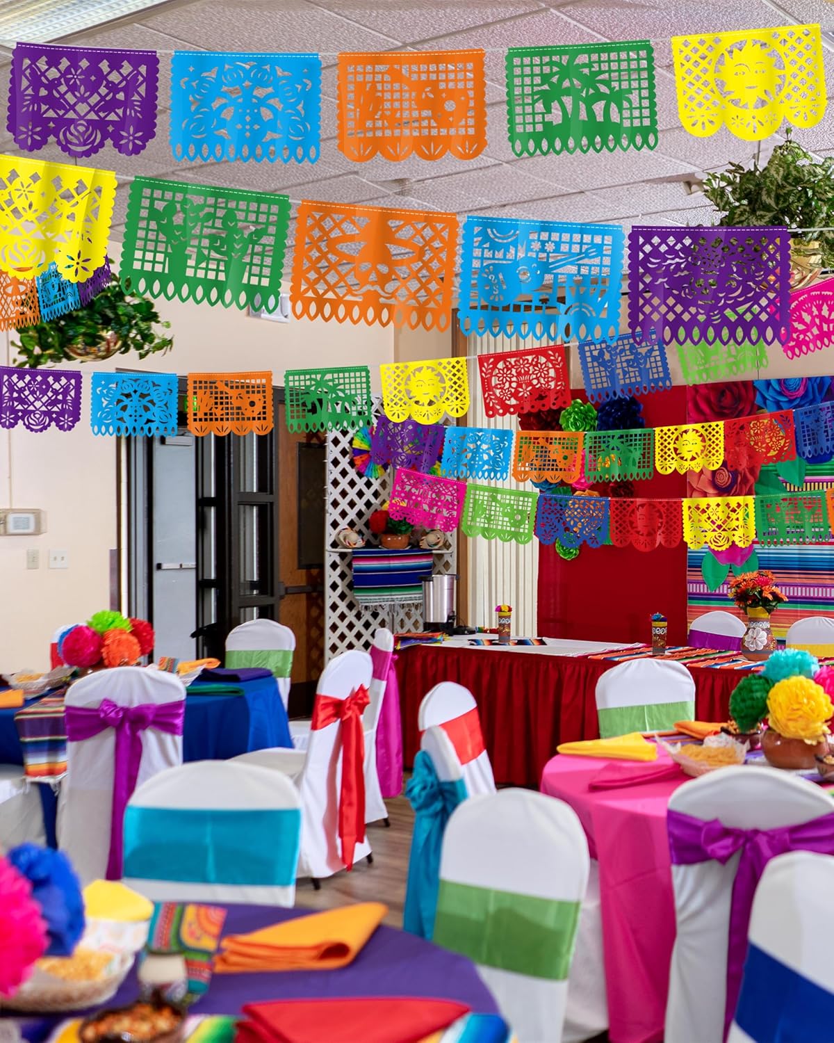 24 Pack Mexican Party Decorations, 432 FT Fiesta Banner Cinco De Mayo Party Banner Plastic Papel Picado Mexican Themed Party Banner Flags Colorful Indoor Outdoor Dia De Los Muertos Home Decor