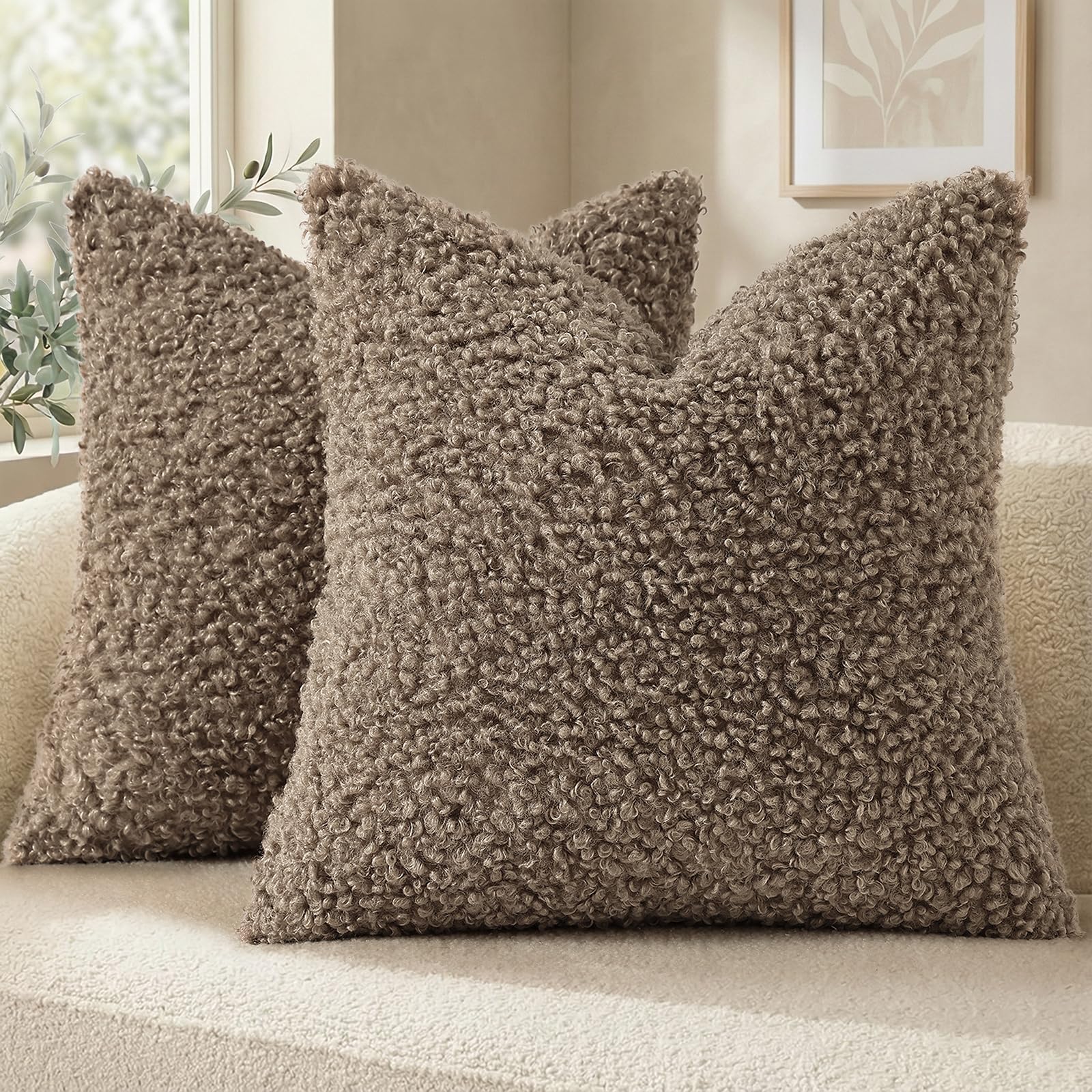 Photo 1 of decorUhome Pack of 2 Throw Pillow Covers 18x18 Inch, Faux Fur Decorative Sherpa Pillow Covers Fuzzy Accent Soft Sheepskin Fleece Pillow Cases for Couch Living Room Bed, Khaki