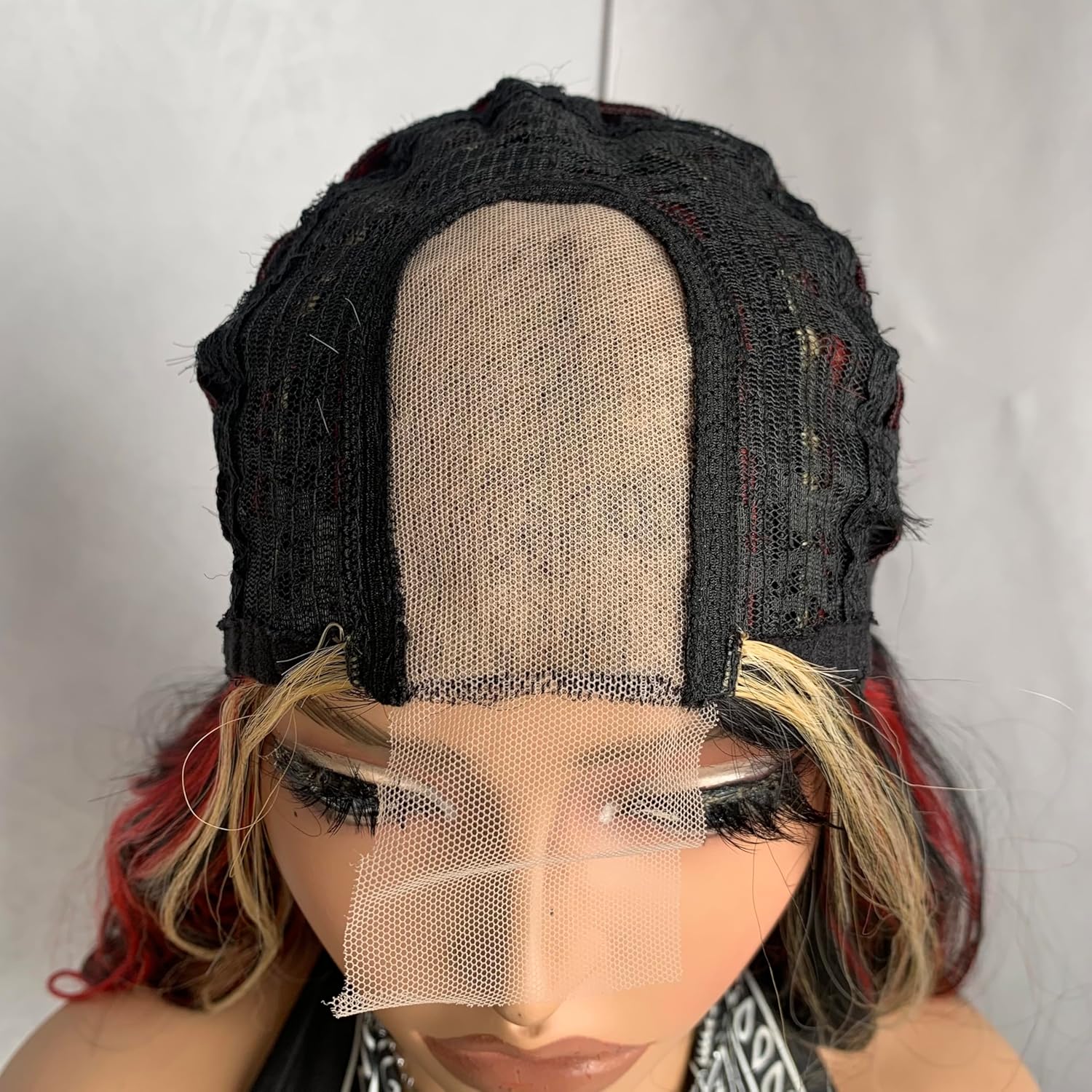 24inch Pre Plucked Syntehtic Lace Front Wig Light Blonde Red mix Black Wig for Women Long Small Forehead Lace Skunk Stripe Curly Wigs Easy to Wear for Daily Life and Party Use