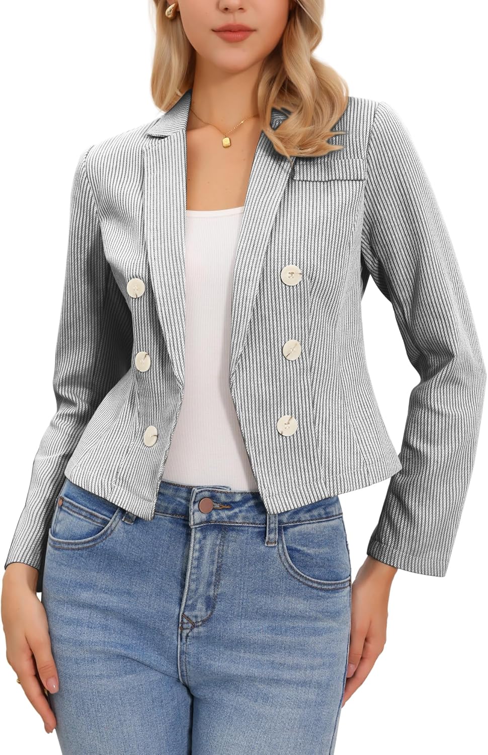 Allegra K Fitted Blazer for Women's Casual Dressy Notch Lapel Open Front Crop Striped Office Suit Jackets