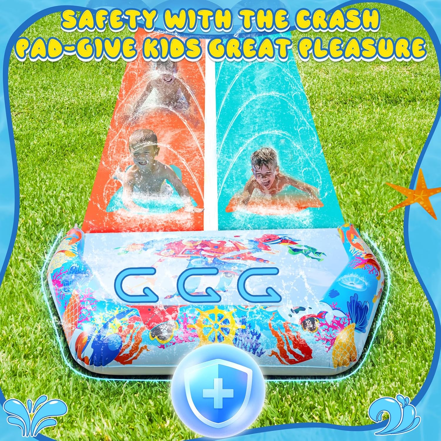 46FT Double Slip and Water Slides for Kids Adults Backyard, Extra Long Lawn Water Slides with 2 Bodyboards, Heavy Duty, Giant Inflatable Water Slip Toys with Crash Pad for Summer Outdoor Party