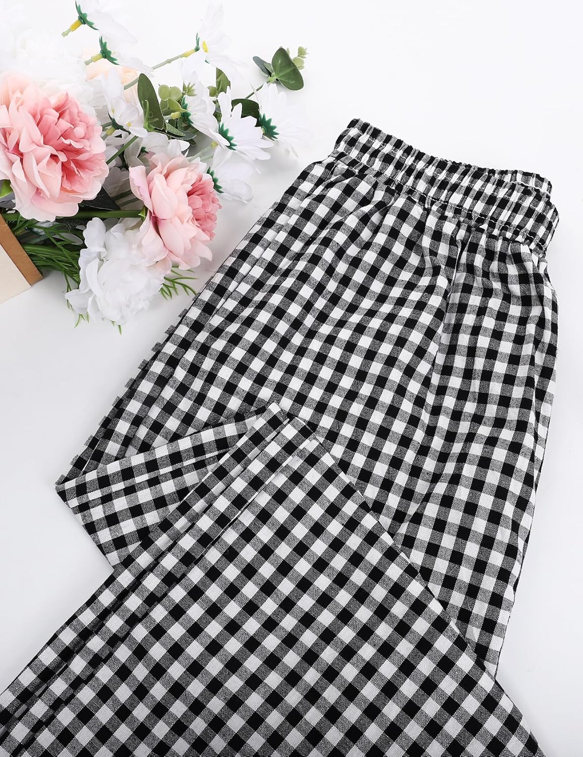 Flygo Women’s Wide Leg Gingham Capri Pants Cotton Elastic Waisted Plaid Palazzo Bottoms Flowy Trousers with Pockets - Image 7