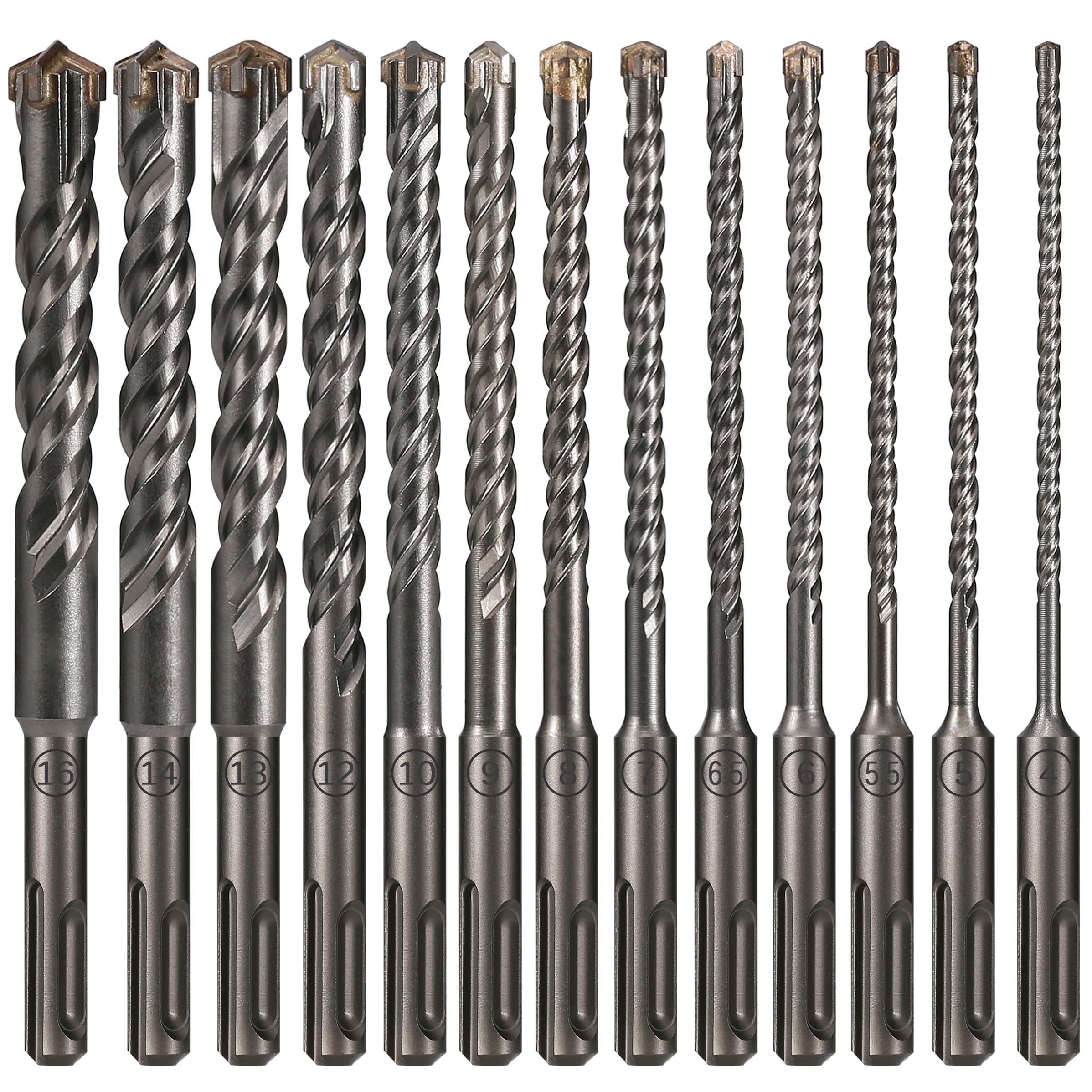 Vearter Ø4-16mm x 160mm SDS Plus Concrete Drill Bit 13PCS, YG8C Carbide Tipped Rotary Hammer Drill Bit, Masonry Drill Bit for Concrete, Brick, Stone, Cement, Masonry