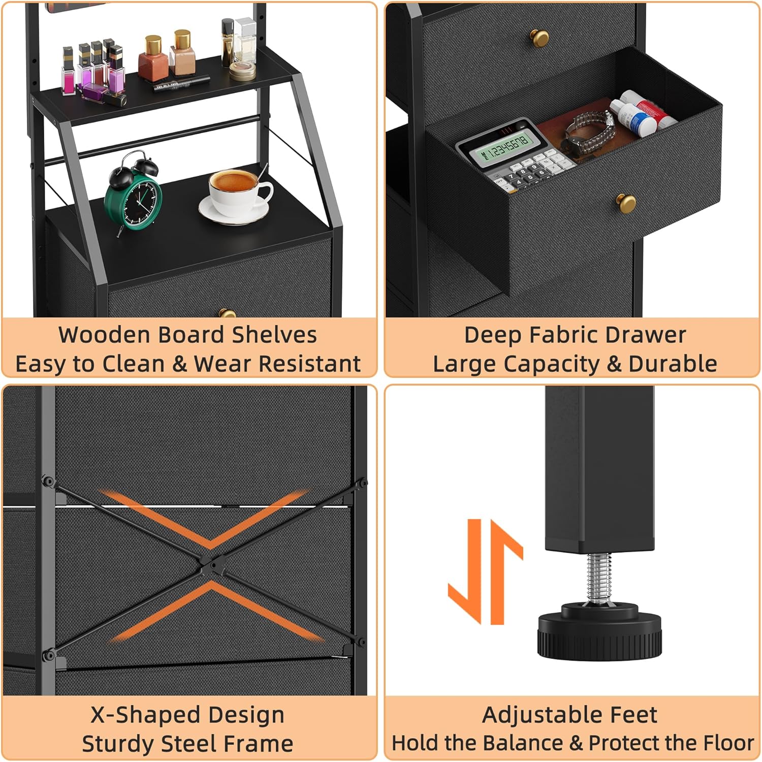 4-Drawer Dresser with Mirror, Fabric Storage with 2-Tier Shelves, Freestanding Chest Organizer Unit, Tall Chest of Drawers with Steel Frame Wood Top for Bedroom, Hallway, Black, 15.3" W