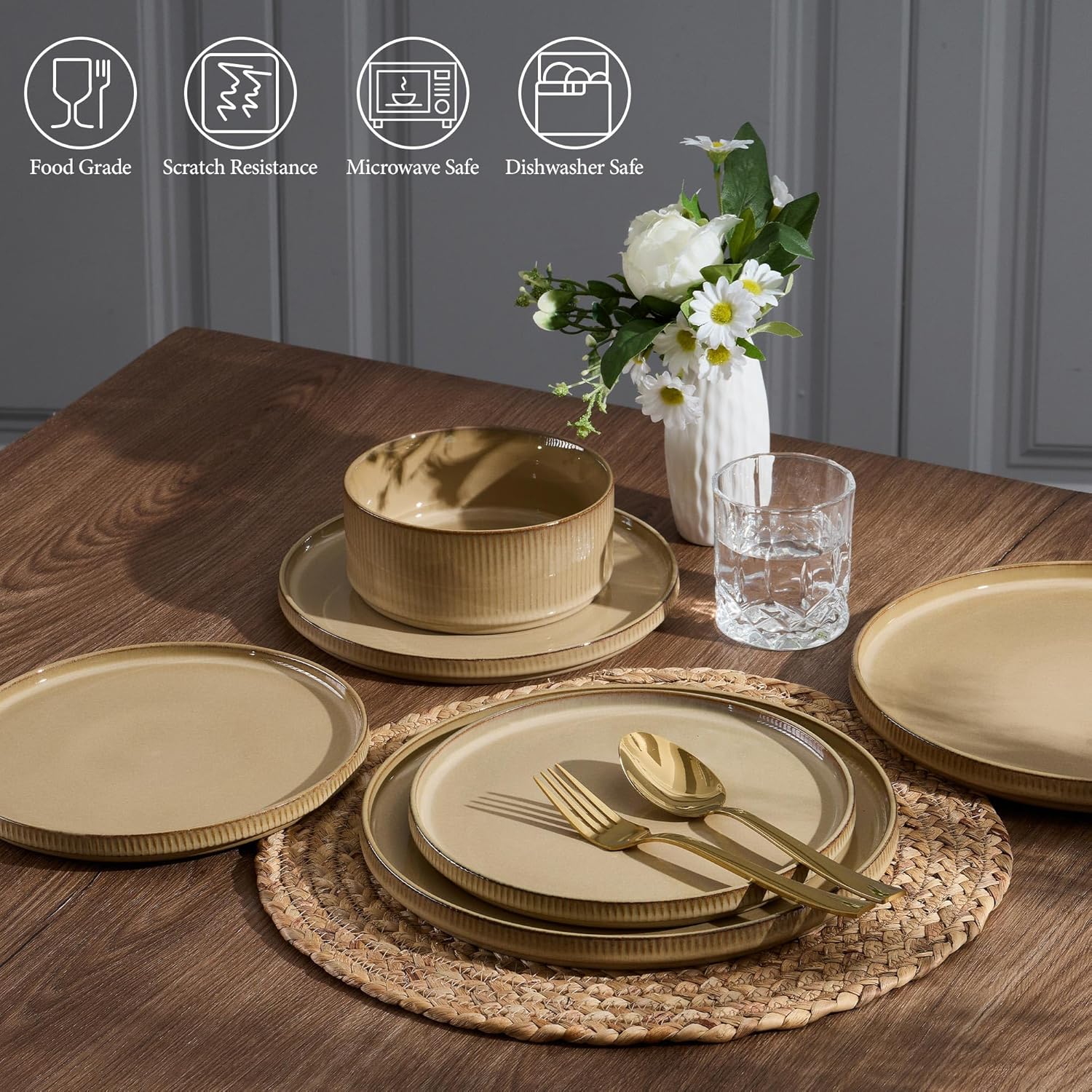E-far 12-Piece Plates and Bowls Sets, Stoneware Dinnerware Dishes Sets for 4, Kitchen Modern Dining Dishware, Chip & Scratch Resistant, Microwave & Dishwasher Safe, Caramel Khaki - Image 3