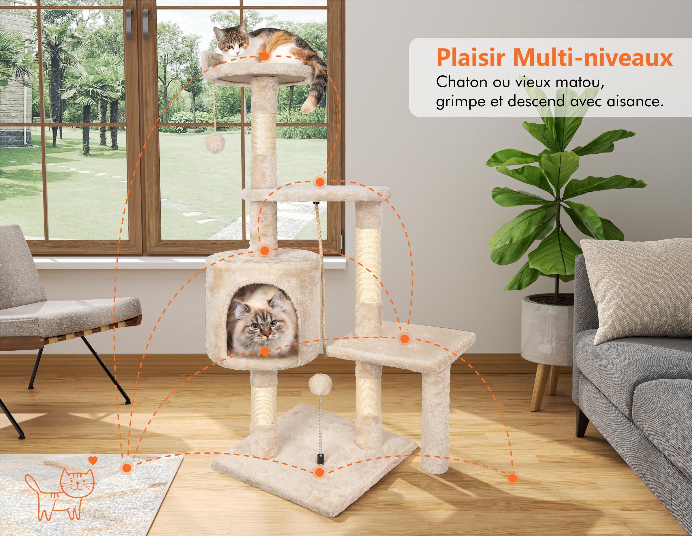 Arbre à Chat,112cm Tour de Jeux Stable pour Chat,Arbre à Grimper Multi-Niveaux avec 4 Poteaux en Sisal, 3 Plateformes, 1 Nid Douillet Chaton-Beige