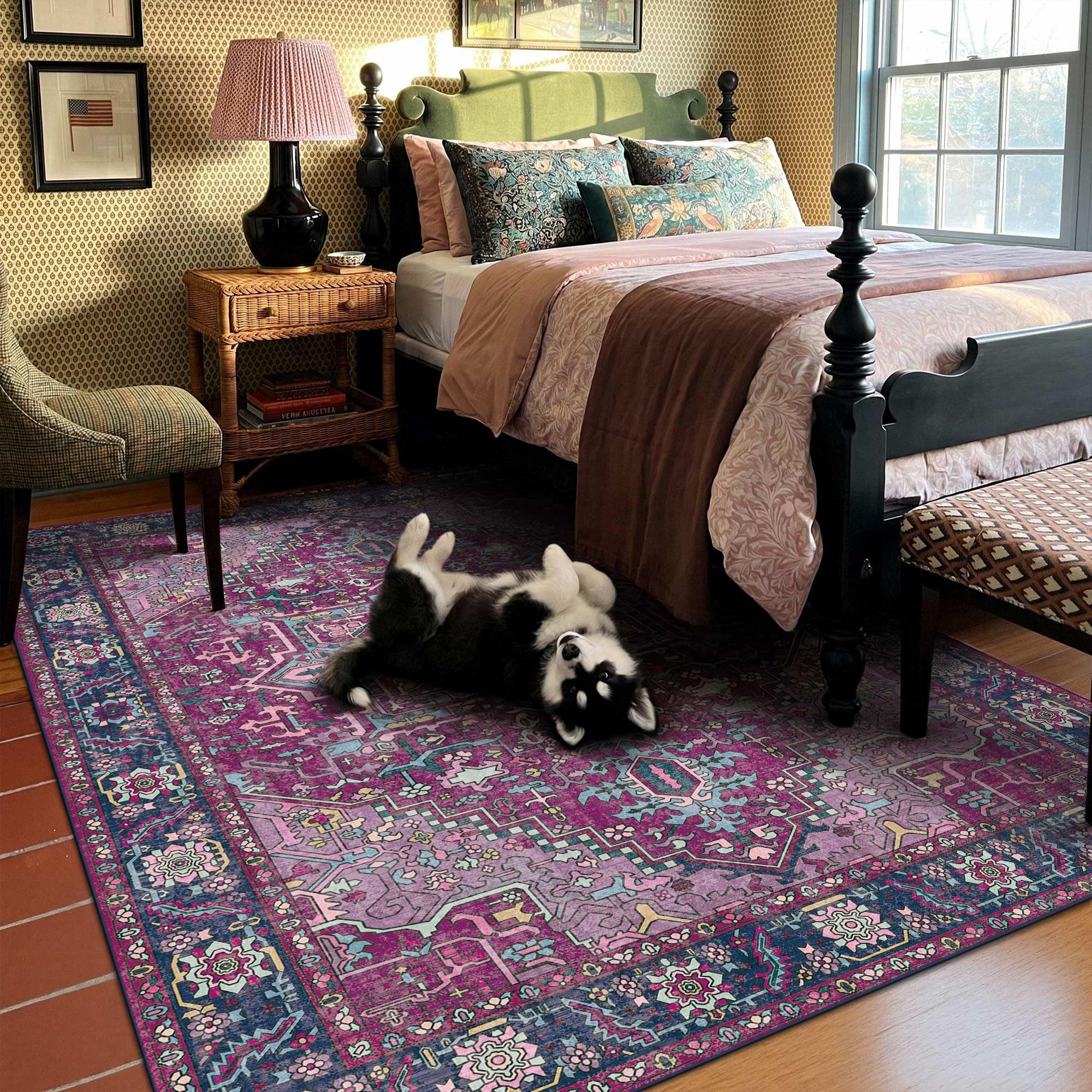 6x9 Plum Purple and Navy Blue Vintage Boho Oriental Soft Washable Area Rug