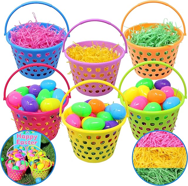 6 Pieces 8" Easter Egg Baskets with Handle and 55 g Tricolors Easter Grass for Easter Theme Garden Party Favors, Easter Eggs Hunt, Easter Goodies Goody, Basket Fillers Stuffers by Joyin Toy