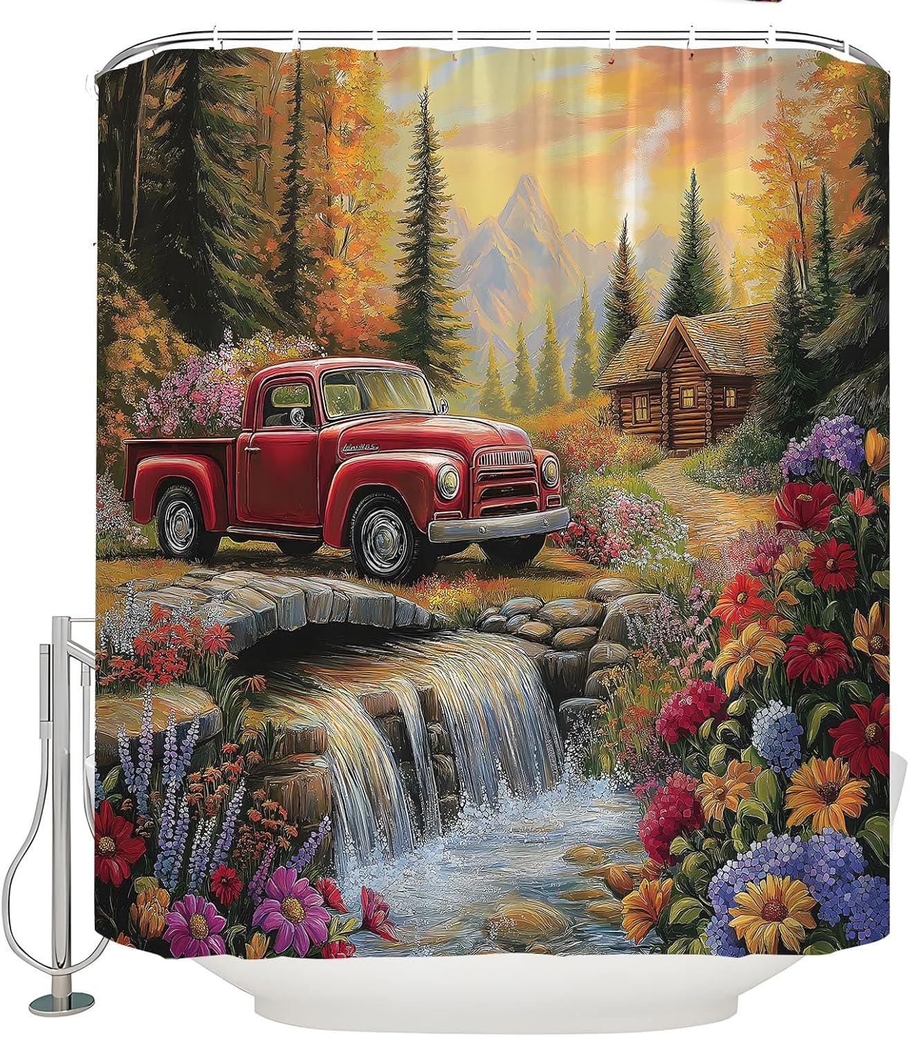 Fall Forest Waterfall Shower Curtain Retro Red Truck Wildflower River Tree Rustic Farmhouse Western Country Autumn Nature Floral Plant Landscape Scenery Bathroom Curtains with Hook,70x83.8 Inch