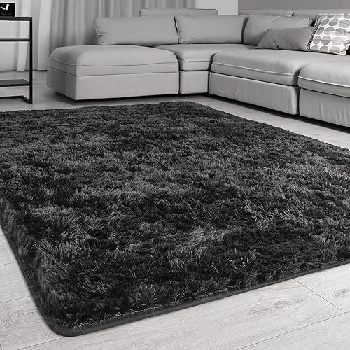 Signature Loom Fluffy Shaggy Area Rug 4x5 – Soft Fuzzy Velvet Rugs for Girls Bedroom – Shaggy Carpet for Kids Room with Non-Slip Bottom – Soft Fluffy Throw Rug Indoor Living Room Carpet, Black
