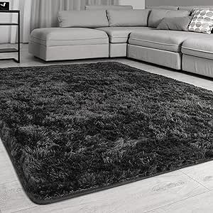 Signature Loom Fluffy Shaggy Area Rug 5x7  Soft Fuzzy Velvet Rugs for Girls Bedroom  Shaggy Carpet for Kids Room with Non-Slip Bottom  Soft Fluffy Throw Rug Indoor Living Room Carpet, Black