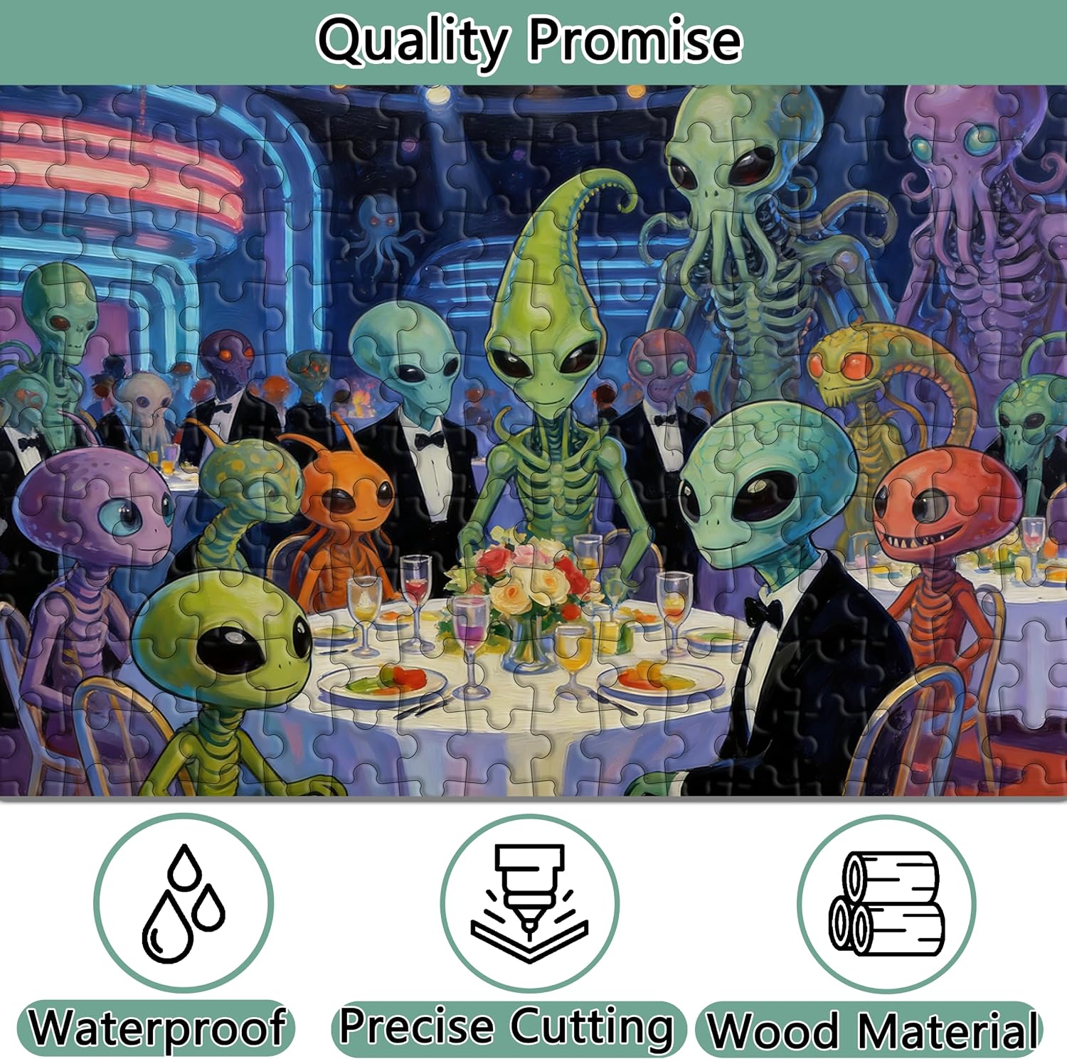1000 Piece Funny Alien Wooden Jigsaw Puzzle, Cool Puzzles for Adults, White Elephant Gift Home Décor(Alien Party) image 3