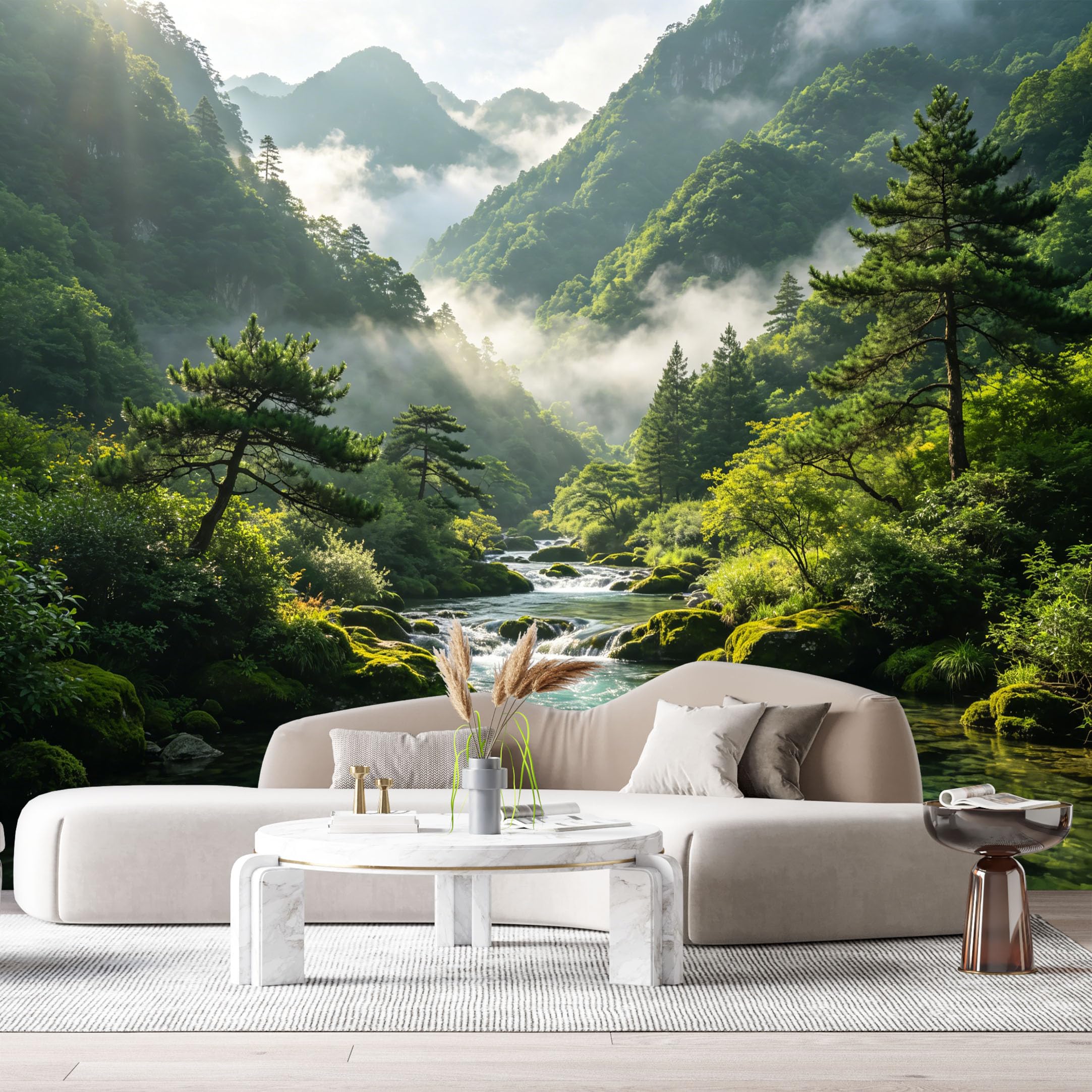 Custom Size Wall Murals Misty Mountain Landscape River Valley Forest Nature Scene SelfAdhesive Wall Fabric Removable Large Wallpaper for Photo Living Room