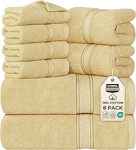 Utopia Towels 8-Piece Premium Towel Set, 2 Bath Towels, 2 Hand Towels, and 4 Wash Cloths, 600 GSM 100% Ring Spun Cotton Highly Absorbent Towels for Bathroom, Gym, Hotel, and Spa (Beige)