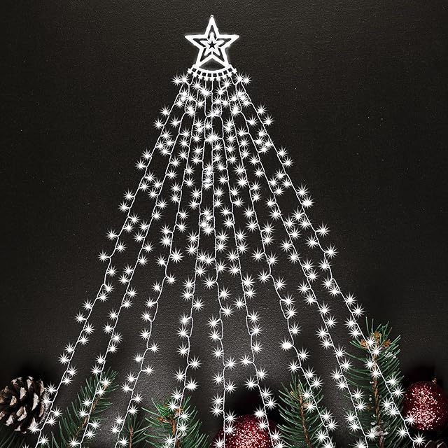 SALCAR Outdoor Christmas Lights, 3.5m x 9 Strands Star Fairy Lights with a 30cm Topper Star, 350 LED 8 Lighting Modes Christmas Decorations for Indoor Outdoor Garden Yard Tree Decor - Cool White