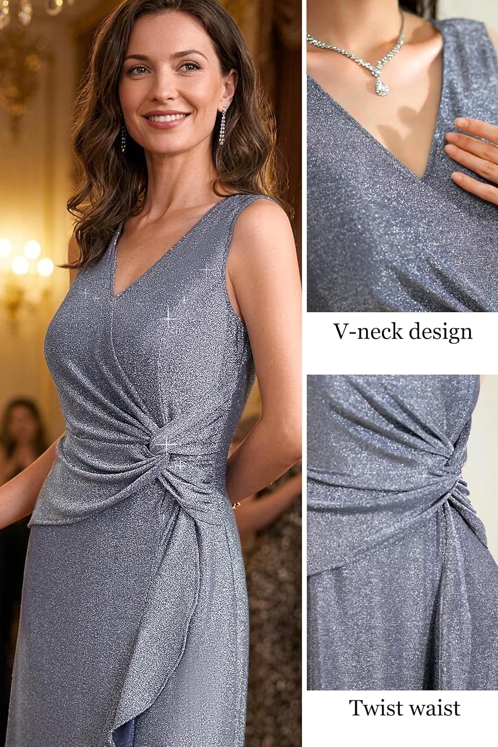 Sequin Formal Dresses for Women Wedding Guest Sleeveless Split Evening Prom Dress