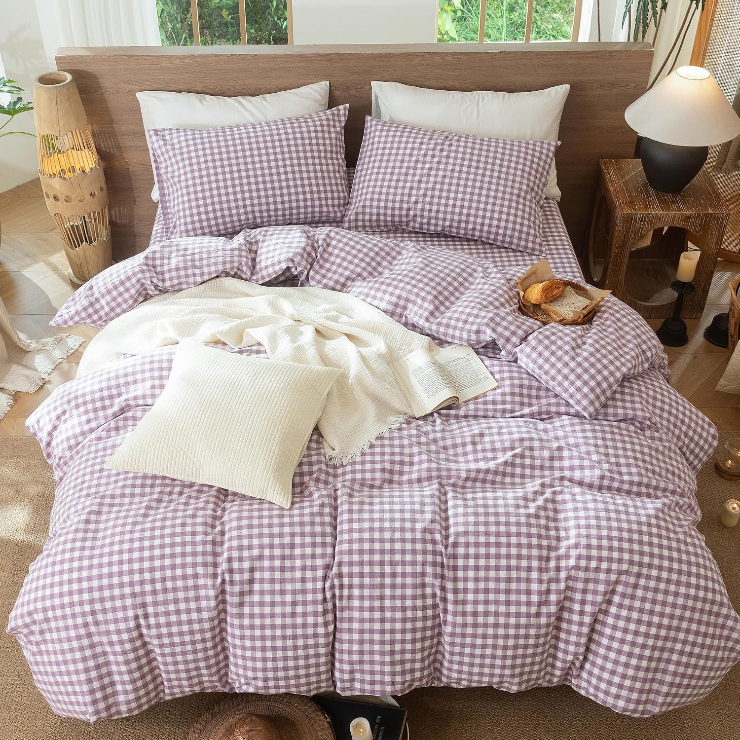 MooMee Gingham Duvet Cover Set 100% Washed Cotton Linen Like Textured Breathable Durable Soft Comfy Modern Checkered Design (Classic Gingham Light Purple, King 104"x90")
