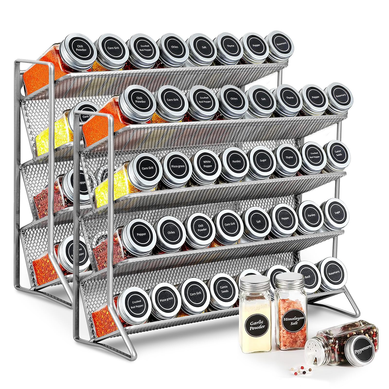 Youyijia 2PC 4-Tier Spice Rack Free Standing Metal Kitchen Shelf Free Standing Counter Spice Organiser Metal Seasoning Bottle Organizer for Kitchen Countertop Cupboard Pantry (Silver)