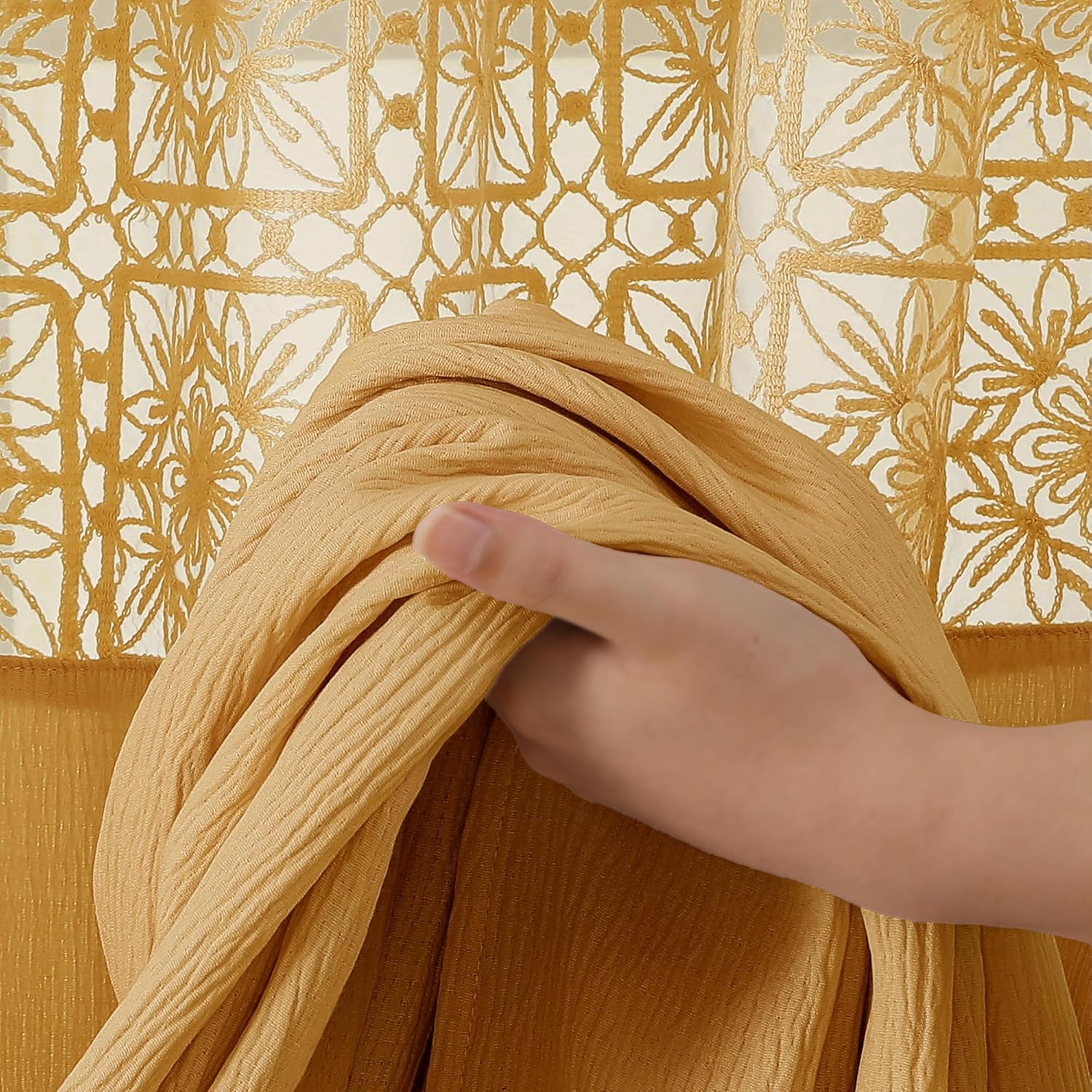 OVZME Extra Long Gold Shower Curtain 96 Inch Long, Textured Crinkle Farbic Shower Curtains with Embroidery Cutwork, Soft Heavy Weighted Machine Washable Luxurious Bathroom Decor, 72Wx96L Inches