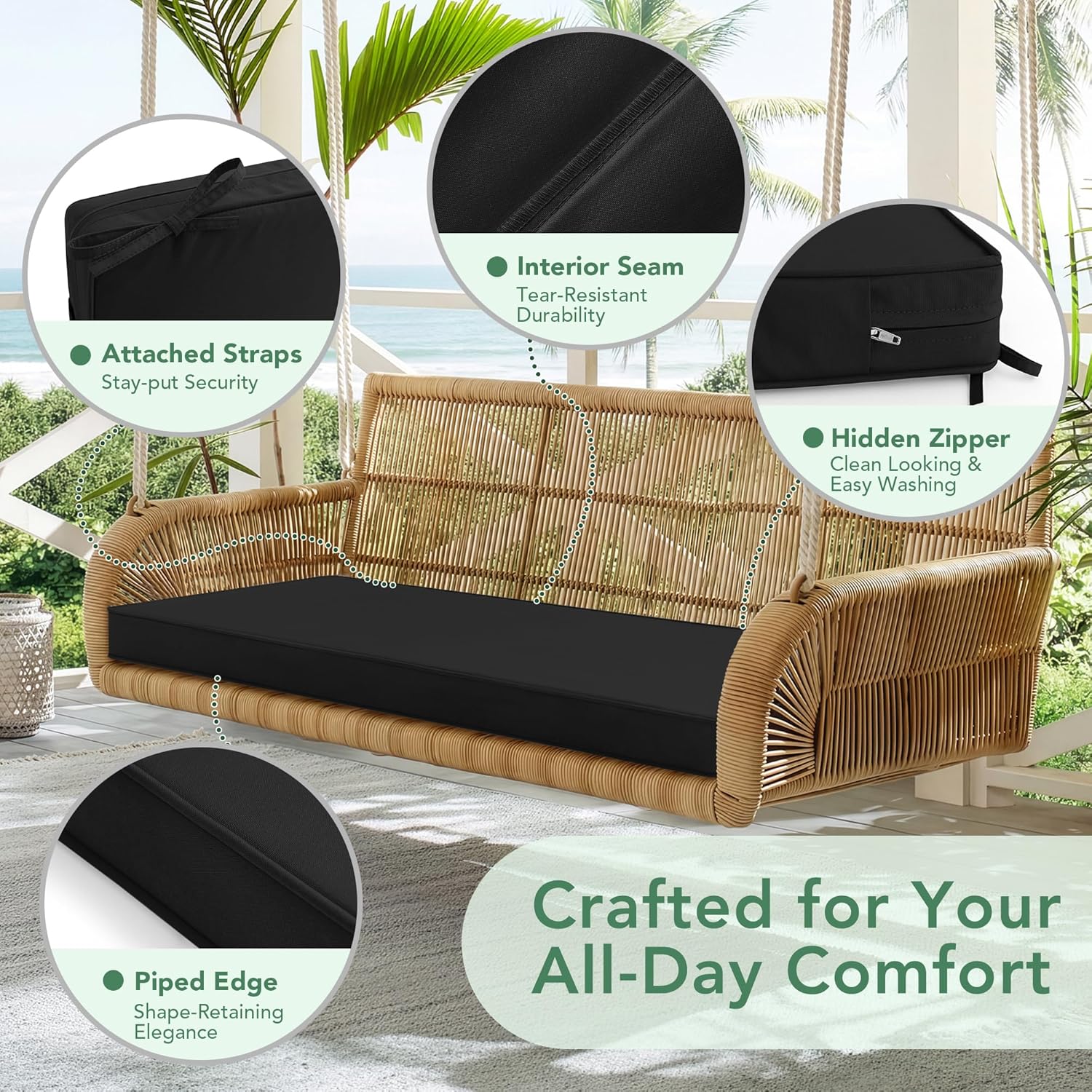 Outdoor Bench Cushion: Waterproof and Fade Resistant Patio Furniture Cushions - Non-Slip Bench Pad Cushion with Removable Cover for Garden Swing Porch Sofa Settee, 48 x 18 x 3 Inch, Black