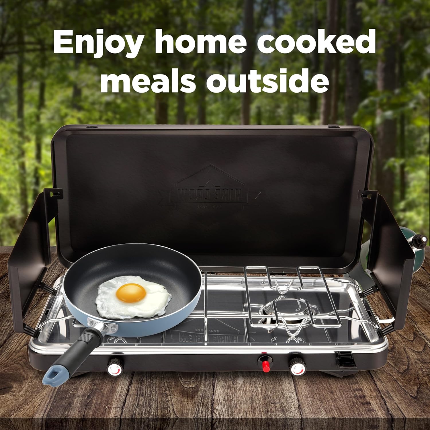 Hike Crew Gas Camping Stove | 20,000 BTU 2 Burner Propane Portable Stovetop | Foldable Legs | Integrated Igniter & Included Regulator | Wind Panels & Built-in Carrying Handle