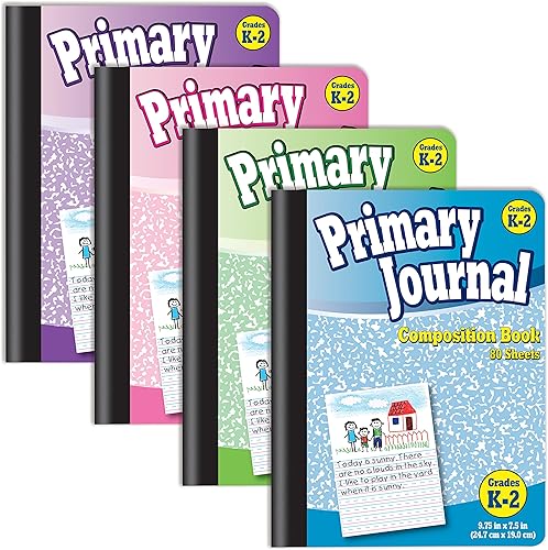 Better Office Products Diario primario, tapa dura, 4 nuevos colores divertidos, cuaderno de composición primaria, grados K-2, 80 hojas, un tema,
