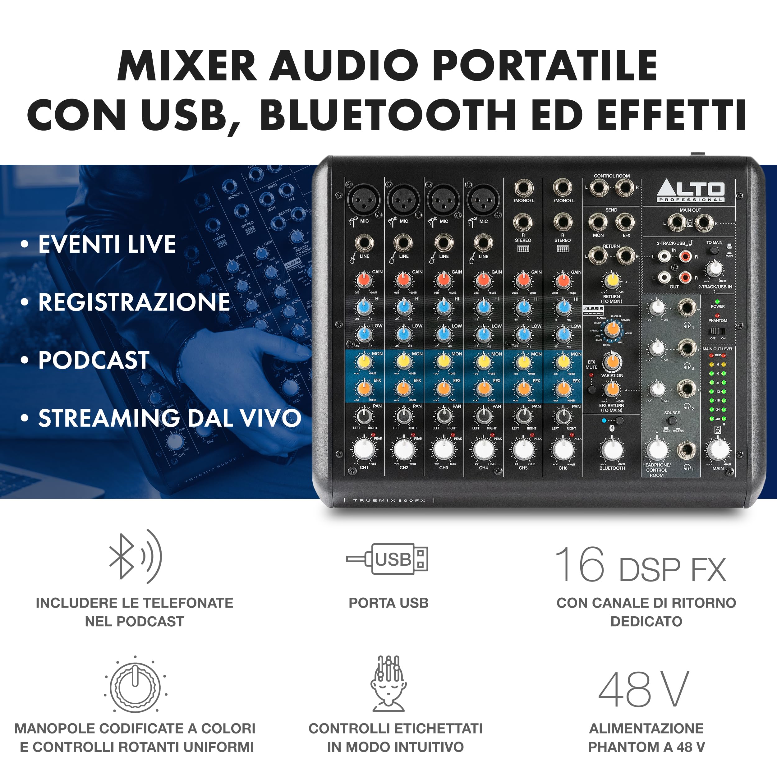 ALTO TrueMix 800FX - Mixer Audio Con 4 Ingressi XLR Microfonici, Interfaccia USB Audio e Bluetooth Per Podcast, Live, Registrazione, DJ, Mac e Windows