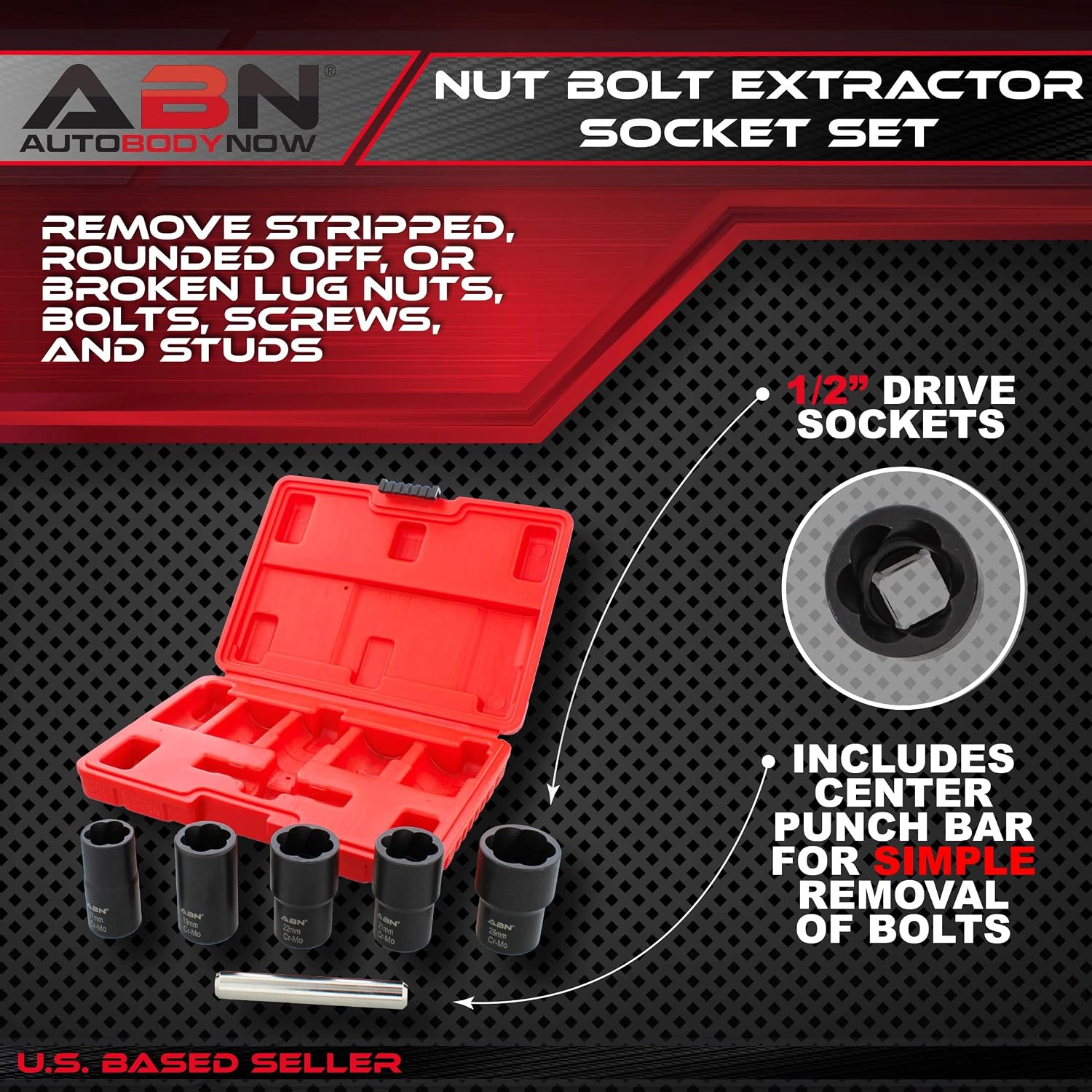 ABN 1/2in Drive Lug Nut Rounded Bolt Remover Socket Set 6pc Stripped Bolt Extractor Kit 17 to 26mm with Center Punch Bar