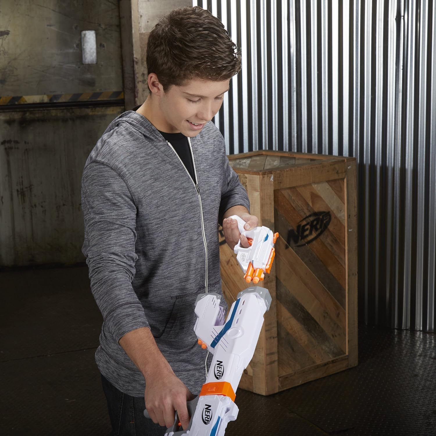 Person firing the Nerf Modulus Mediator Blaster