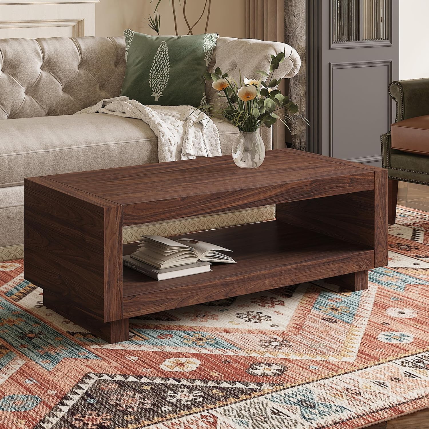 2-Tier Rectangular Coffee Table for Living Room,47.2" Rustic Brown Wood Coffee Table with Storage,Modern Farmhouse Center Tables, Modern Wood Center Table,Farmhouse Tea Table with Storage