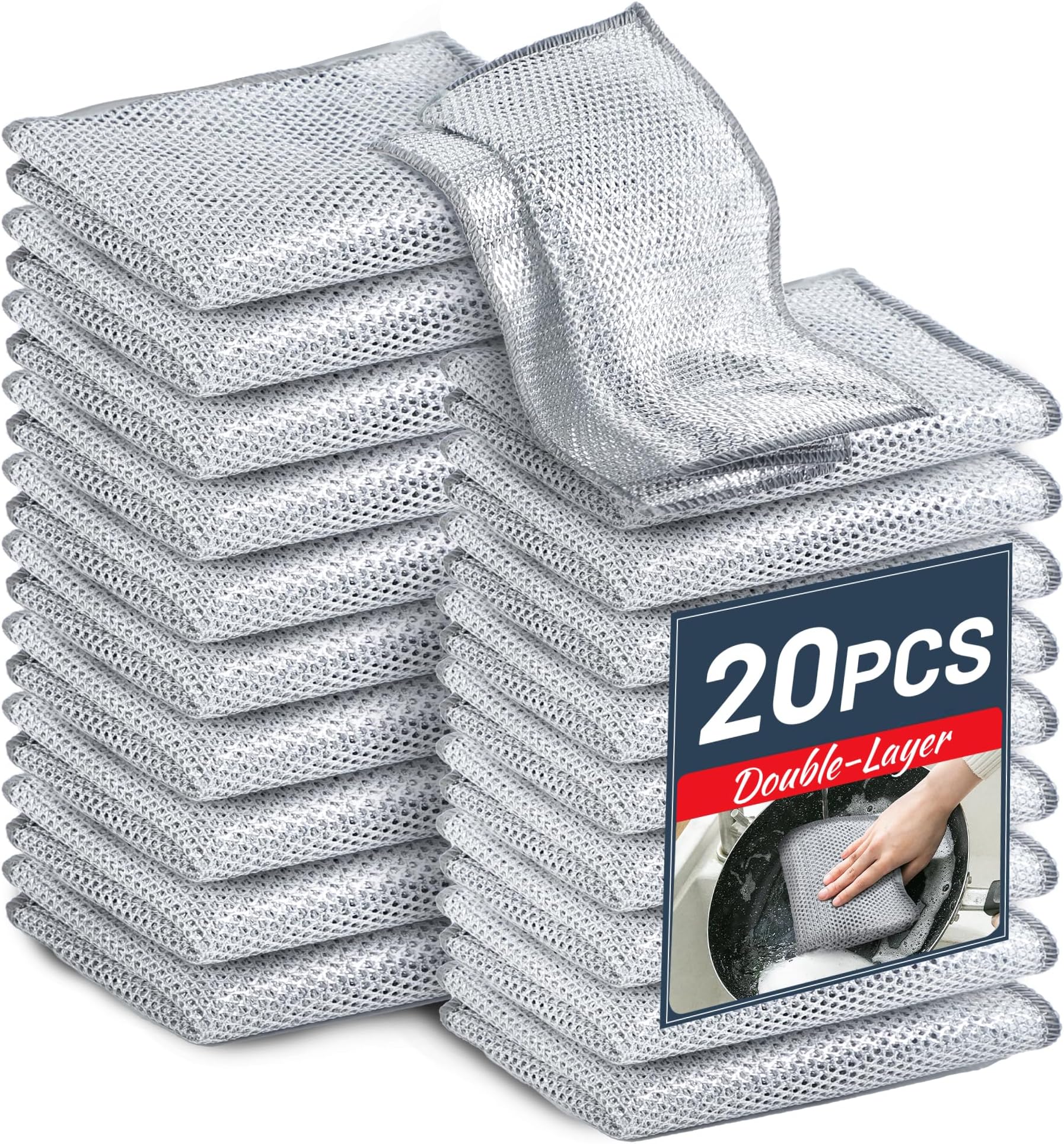 20 Pack Multifunctional Non-Scratch Wire Dishcloth - Double Layer Silver Wire Mesh Knit Cleaning Cloth Wire Dishwashing Rags Wire Cleaning Cloth Wire Dish Towels for Kitchen, Sinks, Pots, Pans