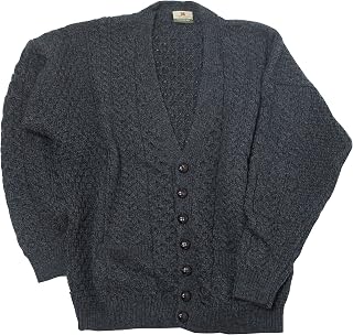 Irish Cardigan for Men's 100% Merino Wool Aran Sweater Made in Ireland, Charcoal, Medium