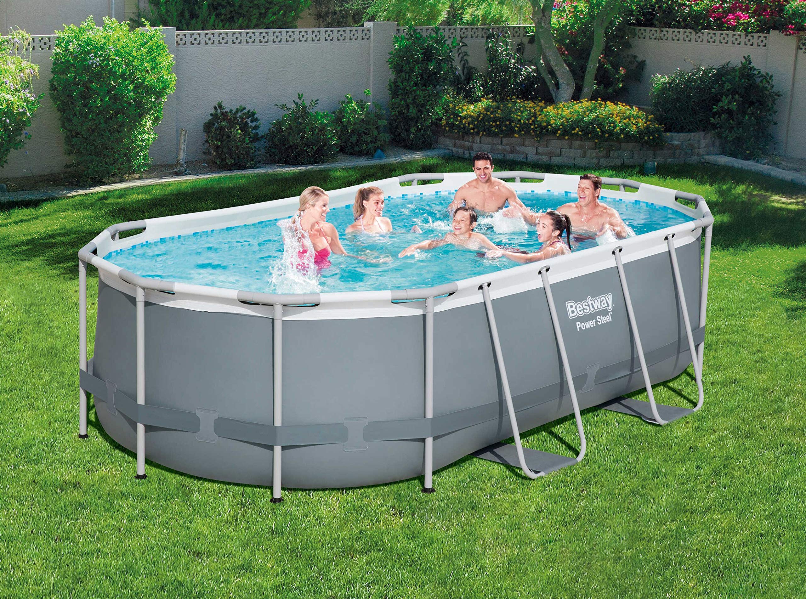 Bestway Power Steel 56620 basen z ramą, owalny, 7250 l, niebieski, szary, 90 cm, 1817 l/h)