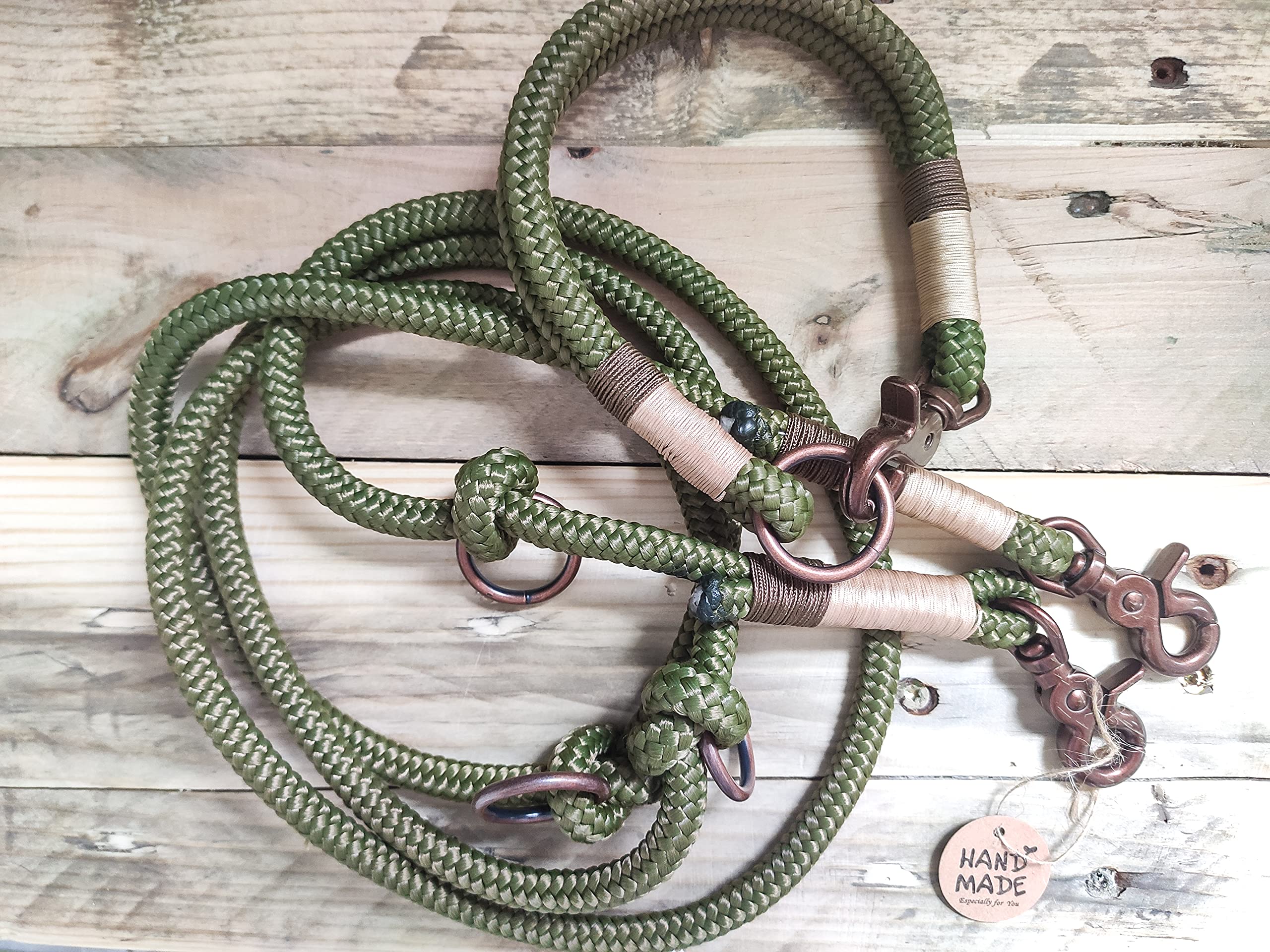 Tau Hundeleinen Halsband Set in Olivgrün und Kupfer | Verstellbare Hundeleine | Set WALDLUST